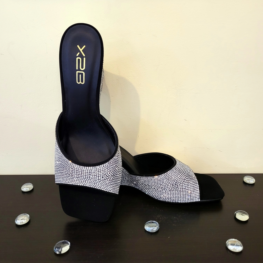 X2B Black and Silver Bling Rhinestone Wedge Heeled Sandals